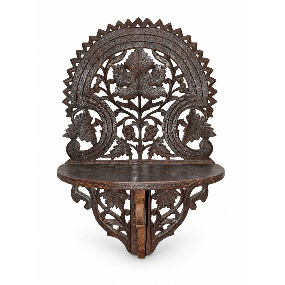 Hand Carved Wooden Folding Wall Shelf Decorative Leaf Design 15”